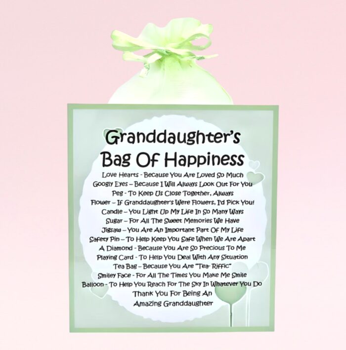 Sentimental Gift for a Granddaughter ~ This Granddaughter's Bag of Happiness is an ingenious combination of a greetings card and gift all in one. 