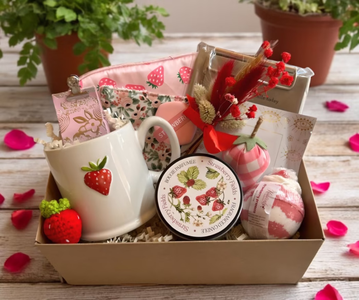 Strawberry Themed Pamper Gift Set | Summer Gift Box | Ladies Gift Hamper | Hug in a Box | Birthday Gift For Friend | Relaxation Box For Her - Image 3